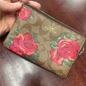 Coach Brown Signature Canvas Zip Wallet with Pink Floral Print